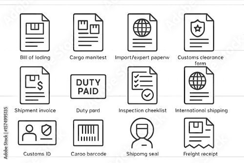 Shipping documents and icons: customs, invoice, duty, inspection, barcode