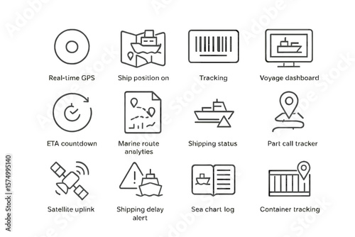 Maritime logistics interface with gps, analytics, tracking, and eta countdown icons