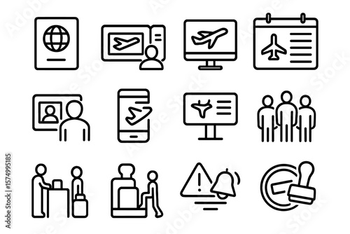Airport travel icons: passport, boarding, flight schedule, security check