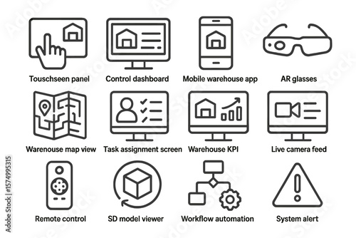 Warehouse technology icons: touchscreen, dashboard, mobile app, ar glasses