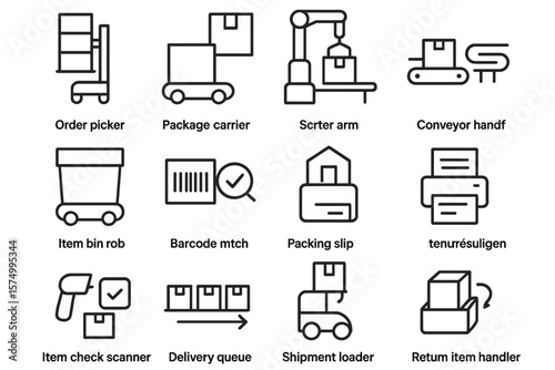 Warehouse logistics icons: robots, conveyors, scanners, packing, storage