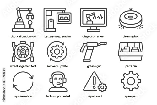 Robotic tools and equipment icons for automation systems and maintenance