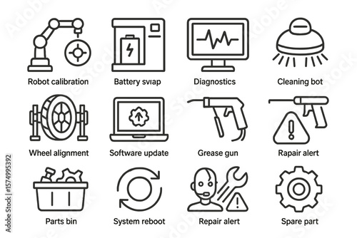 Industrial technology icons featuring robotics and diagnostics