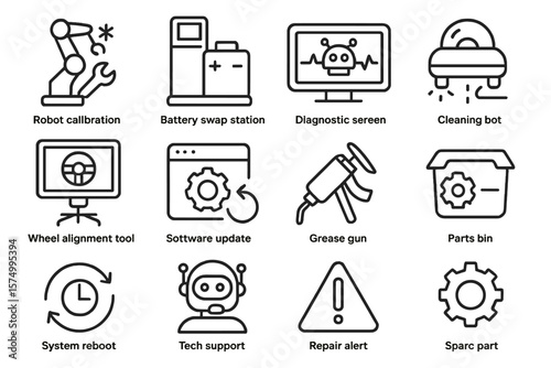 Robotic maintenance icons: diagnostic, calibration, update, support, alignment