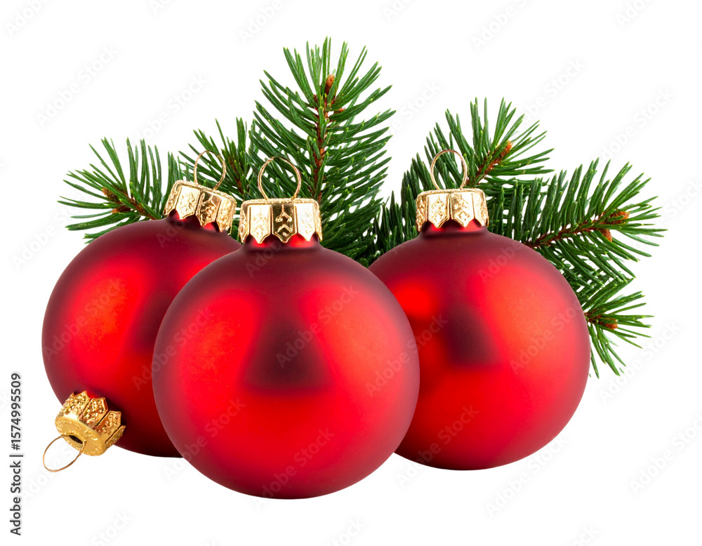 Naklejka premium red christmas baubles an pine isolated on white or transparent png