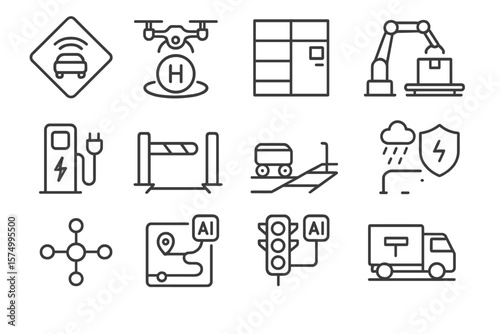 Smart technology icons: ai, electric cars, drone, robot arm, charging station