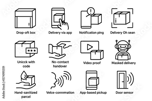 Contactless delivery icons with app, video, and sensor technology
