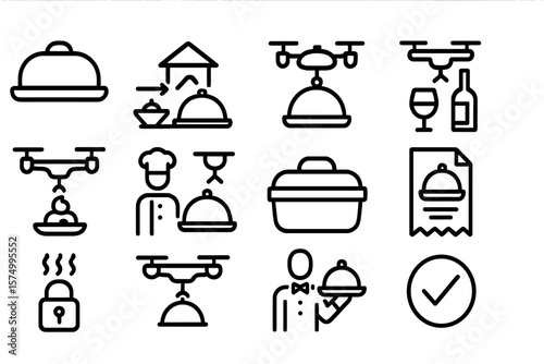 Drone food delivery icons with chef and server silhouettes