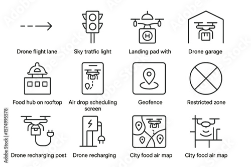 Smart city drone icons: infrastructure, flight paths, and delivery systems