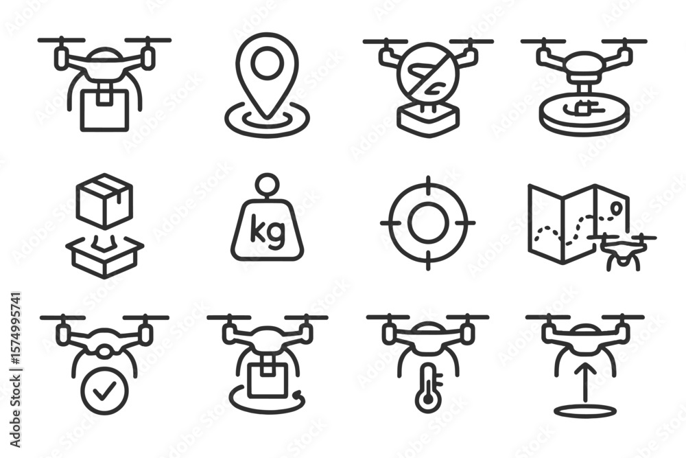 Fototapeta premium Drone icons set: gps, package delivery, weight, speed, navigation, temperature