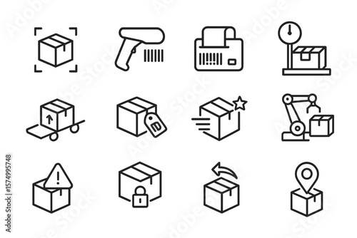 Warehouse and shipping icons: barcode, box, weight, security, location