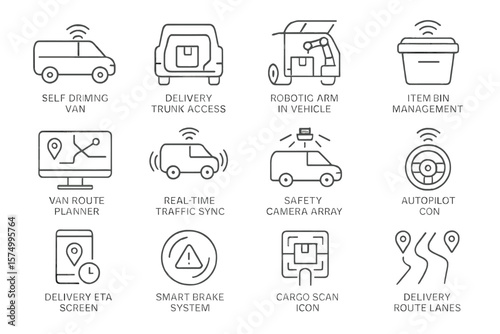 Futuristic icons for autonomous vehicle technology and delivery systems
