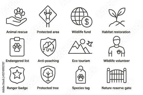 Wildlife conservation icons: rescue, habitat, volunteer, fund, protection