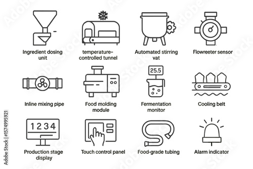 Industrial dishwasher icons with labels and descriptions on metallic background