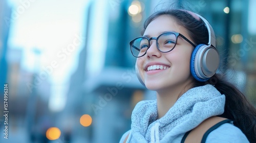 A cheerful young woman enjoys music outdoors, wearing stylish headphones and a cozy hoodie, surrounded by a modern urban backdrop that enhances her joyful expression.