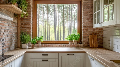 Cozy kitchen scene showcasing a beautiful view of tall trees through a large window, complemented by indoor plants, creating a serene and inviting atmosphere.