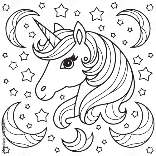 Cute Unicorn Coloring Pages with Black and white vector illustration