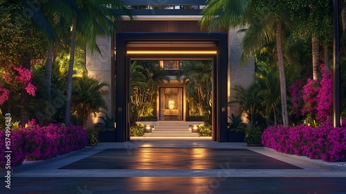 Stunning entrance to a luxurious home illuminated by warm lights, surrounded by vibrant pink flowers and lush greenery, creating an inviting and serene atmosphere for relaxation.