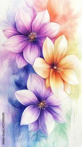 Vibrant watercolor artwork showcasing three blooming flowers in shades of purple and orange, symbolizing beauty and nature's delicacy, perfect for any floral decor or garden theme.