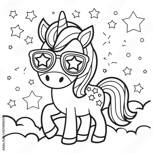 Cute Unicorn Coloring Pages with Black and white vector illustration