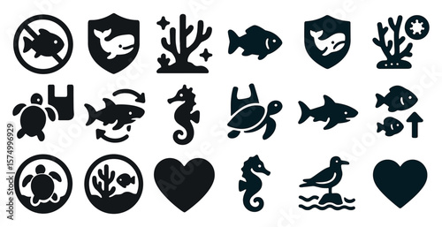 Icons of marine life and hearts, including fish, seahorses.