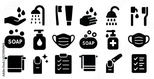 Icons of hygiene products and personal care essentials in black.