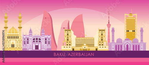 Sunset Skyline panorama of city of Baku, Azerbaijan - vector illustration