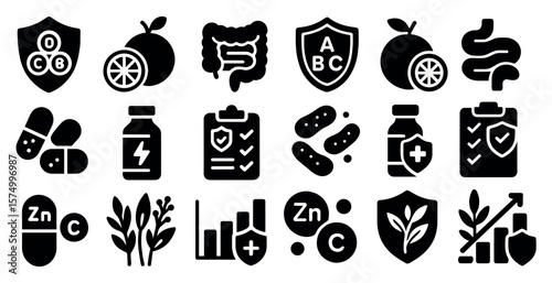 Health icons featuring pills, supplements, plants, and shields, illustrated.