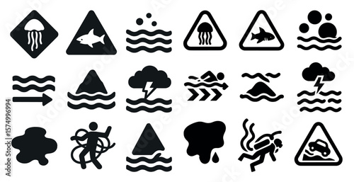 Black and white warning signs featuring marine hazards and activities.