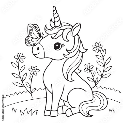 Cute Unicorn Coloring Pages with Black and white vector illustration

