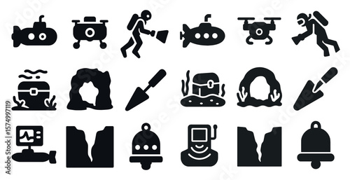 Submarines, vehicles, divers, trenches, and caves depicted in black icons.
