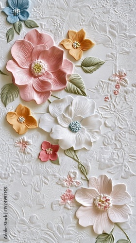 Delicate floral embossed artwork with soft pastel pink, white, and yellow flowers creating elegant three-dimensional texture on textured background
