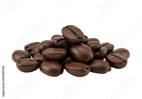A small pile of dark roasted coffee beans with an oily sheen, one elevated, on a transparent background in a shadowless macro studio shot, capturing exquisite detail and crisp contours. Concept for