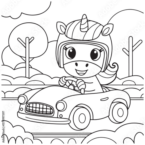Cute Unicorn Coloring Pages with Black and white vector illustration