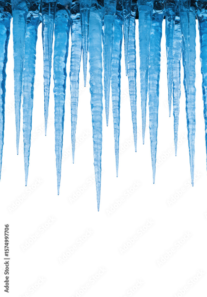 Fototapeta premium Numerous elongated blue icicles, highly translucent with visible crystalline structures, varying lengths and thicknesses, hanging against a transparent studio background with ample copy space,