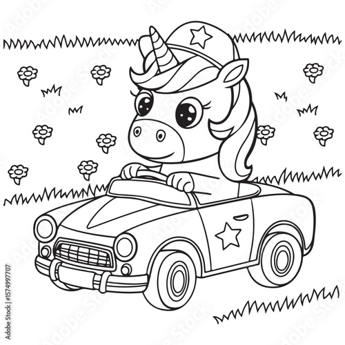 Cute Unicorn Coloring Pages with Black and white vector illustration