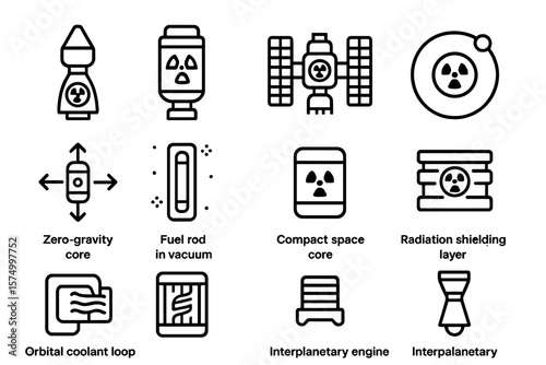 Space exploration icons: zero-gravity, fuel rod, satellite, radiation shielding