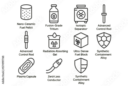 Futuristic energy components and tools with advanced technology symbols