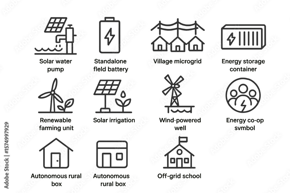 Fototapeta premium Renewable energy icons: solar, wind, microgrid, storage solutions