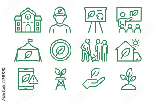 Eco education icons - school, plant, leaves, green, sustainability