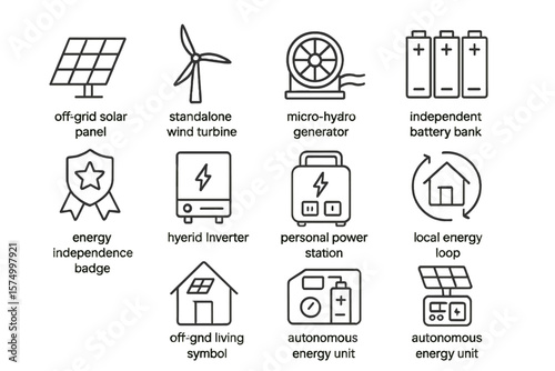 Renewable energy icons: solar, wind, hydro, battery, power systems