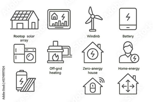 Sustainable energy icons - solar, wind, battery, zero-energy house
