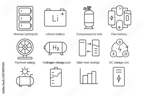 Energy storage icons featuring batteries and hydrogen for renewable energy concepts