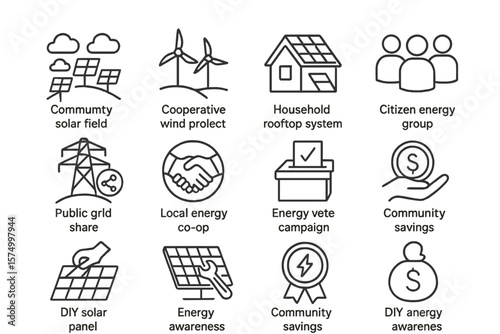 Renewable energy icons: solar, wind, cooperative, community, savings
