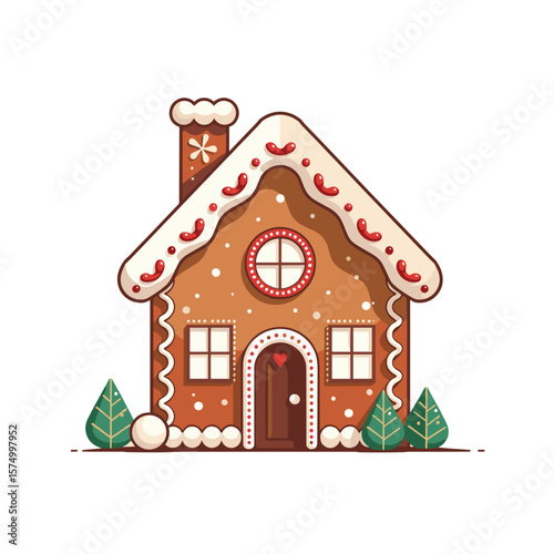 Delightful gingerbread house design with icing and candy decorations on white background
