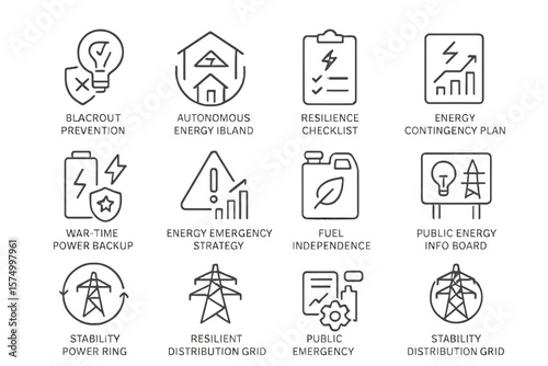 Energy infrastructure icons set: power, resilience, backup, strategy