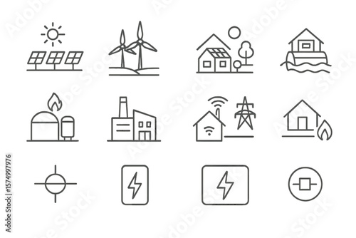 Renewable energy icons featuring solar, wind, and sustainable buildings