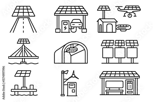 Solar energy icons: transportation, charging stations, panels, sustainable power