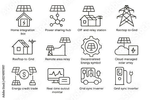 Solar energy integration icons for grid and off-grid solutions