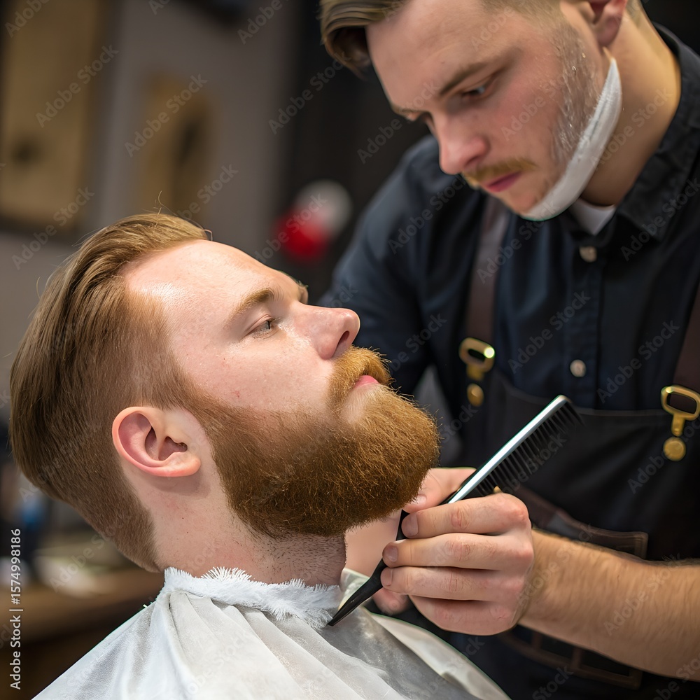 Fototapeta premium A young Caucasian man with a beard receives a haircut from a barber. The barber, also Caucasian, carefully trims the man's beard with a razor in a modern barbershop.